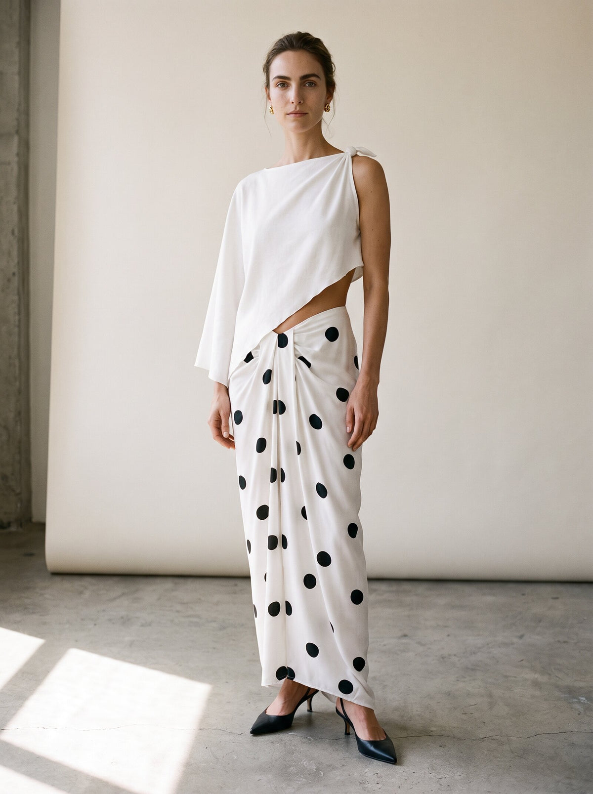 LOOK I - the KARA skirt: white polka dot sarong maxi skirt with a white one-shoulder top
