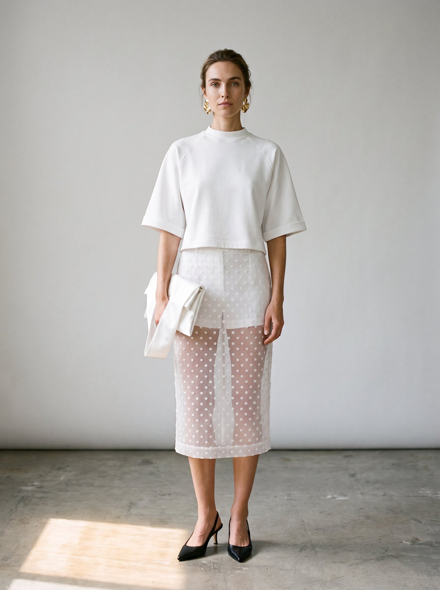 LOOK II - the NOIR dots: sheer white dotted organza midi skirt with a boxy white cropped tee
