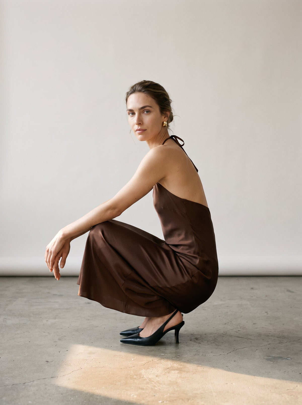 LOOK III - the SAVVANA slip: chocolate brown satin slip midi dress