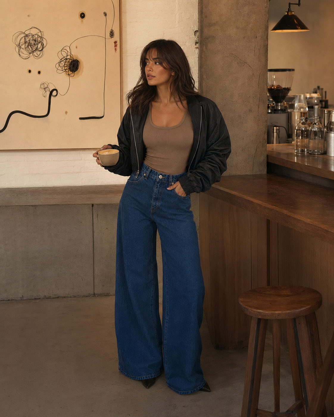 Beige tank, black bomber and wide denim look in a cafe